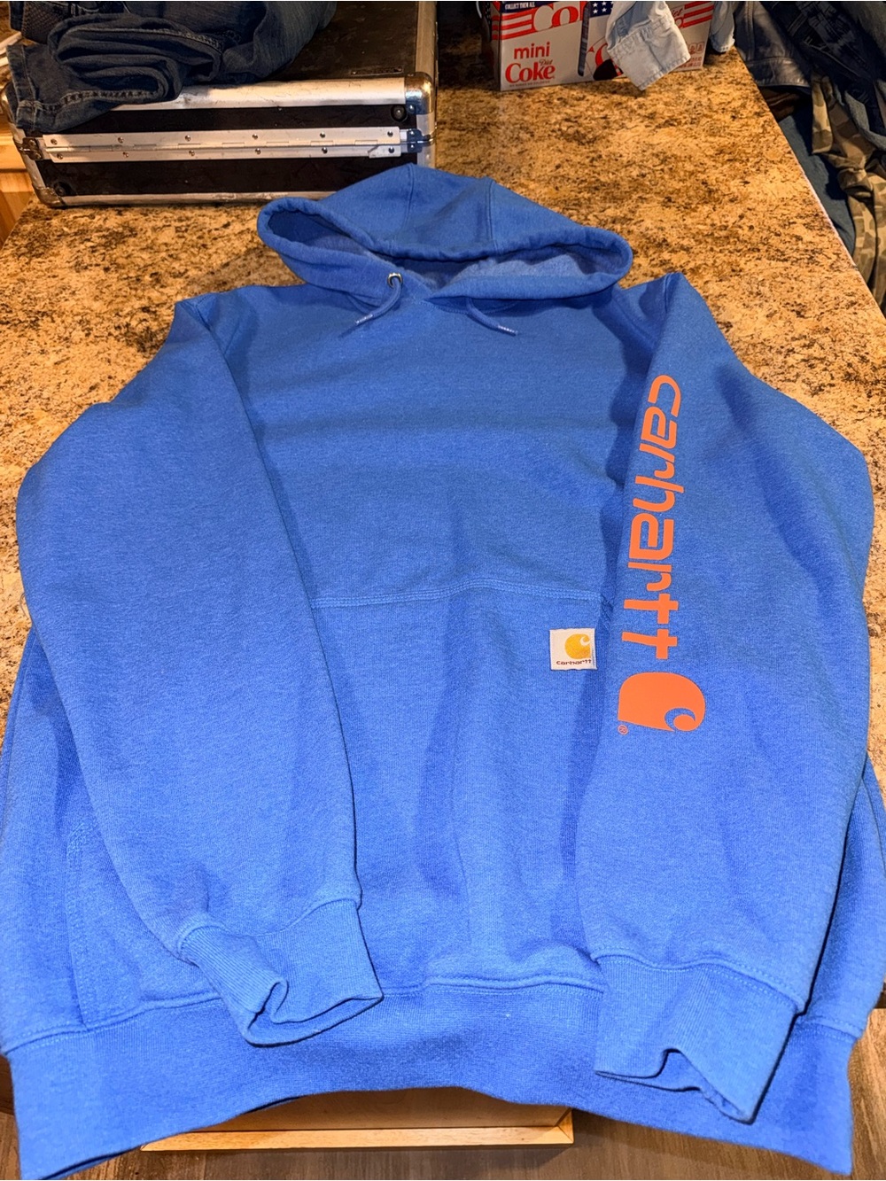Carhartt Blue Hoodie with Orange Sleeve Logo